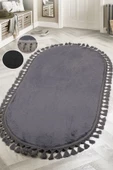Relax Antrasit Oval Leke Tutmaz Yıkanabilir Kaymaz Ponpon Saçaklı Püsküllü Peluş Mutfak Halısı - 1