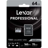 Lexar 64GB Professional 1066X UHS-I MicroSDXC Memory Card + SD Adaptör (Silver Series) - 1
