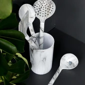 Silikon Servis Seti - Mermer Desenli Kepçe Kevgir Takımı - 5 Parça, Stantlı - 3