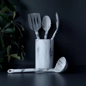 Silikon Servis Seti - Mermer Desenli Kepçe Kevgir Takımı - 5 Parça, Stantlı - 2