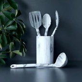 Silikon Servis Seti - Mermer Desenli Kepçe Kevgir Takımı - 5 Parça, Stantlı - 1