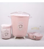 Bonny Home Shems Pudra 3lü Kadife Çeyizlik Dantelli Banyo Kirli Çamaşır Sepeti Seti - 3