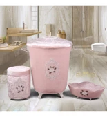 Bonny Home Shems Pudra 3lü Kadife Çeyizlik Dantelli Banyo Kirli Çamaşır Sepeti Seti - 1