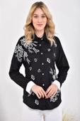 Yaprak Desenli Nakış İşlemeli Siyah Kadın Gömlek - 2