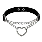Siyah Deri Tasma Kalp Zincirli 37 cm Choker Çıt Çıtlı Bayan Kolye - 1