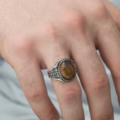 Gümüş Kaplan Gözü Taşlı Örgü Desenli Erkek Yüzük thumbnail 1