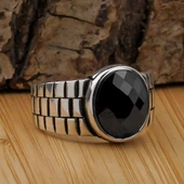 Saat Kordon Tasarımlı Yuvarlak Siyah Zirkon Taşlı Gümüş Erkek Yüzük thumbnail 1