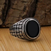 Siyah Oniks Taşlı Hasır Desenli 925 Ayar Gümüş Erkek Yüzük thumbnail 1