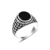 Siyah Oniks Taşlı Hasır Desenli 925 Ayar Gümüş Erkek Yüzük thumbnail 4