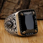 Siyah Zirkon Taşlı İşlemeli 925 Ayar Gümüş Erkek Yüzük thumbnail 1