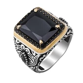 Siyah Zirkon Taşlı İşlemeli 925 Ayar Gümüş Erkek Yüzük thumbnail 3