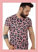 Erkek Pembe Leopar Desen T-Shirt - 1