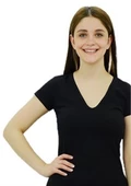 V Yaka Siyah Basic T-Shirt - 2