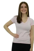V Yaka Açık Pembe Basic T-Shirt - 1