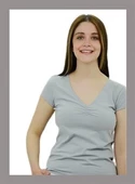 V Yaka Önü Büzgülü Gri T-Shirt - 1