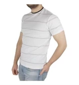 Beyaz Gri Çizgili Lakost Örme T-shirt - 3