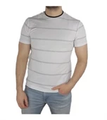 Beyaz Gri Çizgili Lakost Örme T-shirt - 1