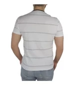Beyaz Gri Çizgili Lakost Örme T-shirt - 4