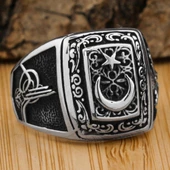 Ay Yıldız Tasarımlı Osmanlı Arma ve Tuğra Motifli Gümüş Yüzük thumbnail 1