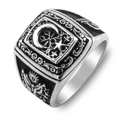 Ay Yıldız Tasarımlı Osmanlı Arma ve Tuğra Motifli Gümüş Yüzük thumbnail 3