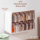 Porsima 1119 12 li Standlı Kendinden Yapışkanlı Kaşıklı Kapaklı Baharatlık Saklama Kabı Seti - Beyaz Gold - 1