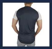 Boyu Uzun Oval Kesim Şeritli Lacivert T-shirt - 2