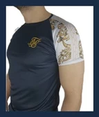 Boyu Uzun Oval Kesim Şeritli Lacivert T-shirt - 5