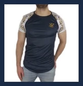Boyu Uzun Oval Kesim Şeritli Lacivert T-shirt - 1