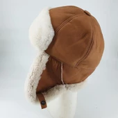 Pilot Model İçi Kürklü Hardal Renk Deri Şapka - 2