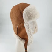 Pilot Model İçi Kürklü Hardal Renk Deri Şapka - 1