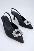 Siyah Taşlı Arkası Açık Stiletto Kısa Topuklu Ayakkabı - Elizabeth - 5