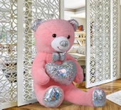 140 cm Işıltılı GÜMÜŞ Papyonlu, Kalp Tutan Peluş Ayı, Sevgiliye ÖZEL SERİ HEDİYE - 4