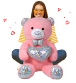 140 cm Işıltılı GÜMÜŞ Papyonlu, Kalp Tutan Peluş Ayı, Sevgiliye ÖZEL SERİ HEDİYE - 2