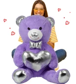 140 cm Işıltılı GÜMÜŞ Papyonlu, Kalp Tutan Peluş Ayı, Sevgiliye ÖZEL SERİ HEDİYE - 10