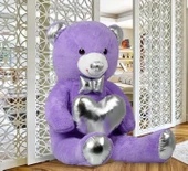 140 cm Işıltılı GÜMÜŞ Papyonlu, Kalp Tutan Peluş Ayı, Sevgiliye ÖZEL SERİ HEDİYE - 12