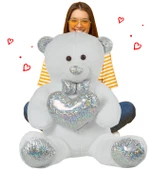 140 cm Işıltılı GÜMÜŞ Papyonlu, Kalp Tutan Peluş Ayı, Sevgiliye ÖZEL SERİ HEDİYE - 6