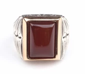 925 Ayar Gümüş ve Bronz Dikdörtgen Akik Taşlı İşlemeli Erkek Yüzük thumbnail 5