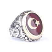 925 Ayar Gümüş ve Bronz Oval Kırmızı Mineli Ay Yıldız Desenli Erkek Yüzük thumbnail 1