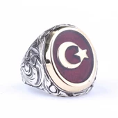 925 Ayar Gümüş ve Bronz Oval Kırmızı Mineli Ay Yıldız Desenli Erkek Yüzük thumbnail 5