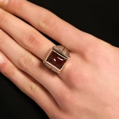 925 Ayar Gümüş ve Bronz Dikdörtgen Akik Taşlı İşlemeli Erkek Yüzük thumbnail 1