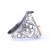 925 Ayar Gümüş ve Bronz Oval Kırmızı Mineli Ay Yıldız Desenli Erkek Yüzük thumbnail 2