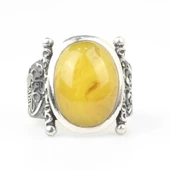 925 Ayar Gümüş Sarı Sıkma Kehribar Taşlı Ya Sabır Erkek Yüzük thumbnail 3