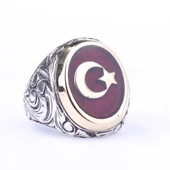 925 Ayar Gümüş ve Bronz Oval Kırmızı Mineli Ay Yıldız Desenli Erkek Yüzük thumbnail 4