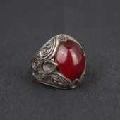 925 Ayar Gümüş Oval Kırmızı Sıkma Ateş Kehribarı Erkek Yüzüğü - 6