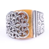 925 Ayar Gümüş Ajurlu Sarı Renk Sıkma Kehribar Erkek Yüzük thumbnail 4