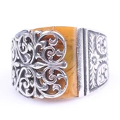 925 Ayar Gümüş Ajurlu Sarı Renk Sıkma Kehribar Erkek Yüzük thumbnail 2