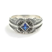 925 Ayar Gümüş Kare Safir Taşlı Kenarı Onix Taşlı Erkek Yüzük thumbnail 5