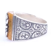 925 Ayar Gümüş Ajurlu Sarı Renk Sıkma Kehribar Erkek Yüzük thumbnail 3