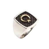 925 Ayar Gümüş Kabartmalı Ay Yıldız Erkek Yüzük thumbnail 1