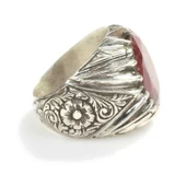 925 Ayar Gümüş Oval Kök Yakut Elişi Kalemli Erkek Yüzük - 4